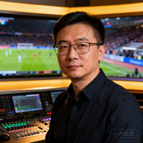 PA国际厅平台联合创始人李明远的职业肖像，他戴着眼镜穿着深色衬衫站在演播厅控制台前，背景是正在直播的体育赛事画面，神情专注而沉稳。